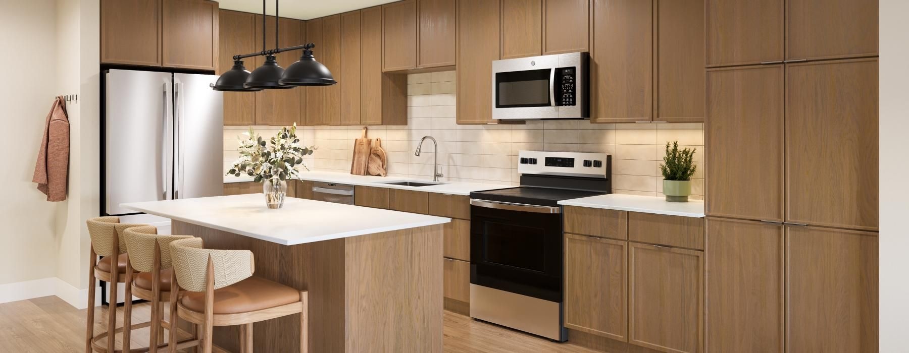 a kitchen with wooden cabinets