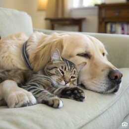 cat and dog cuddling on couch