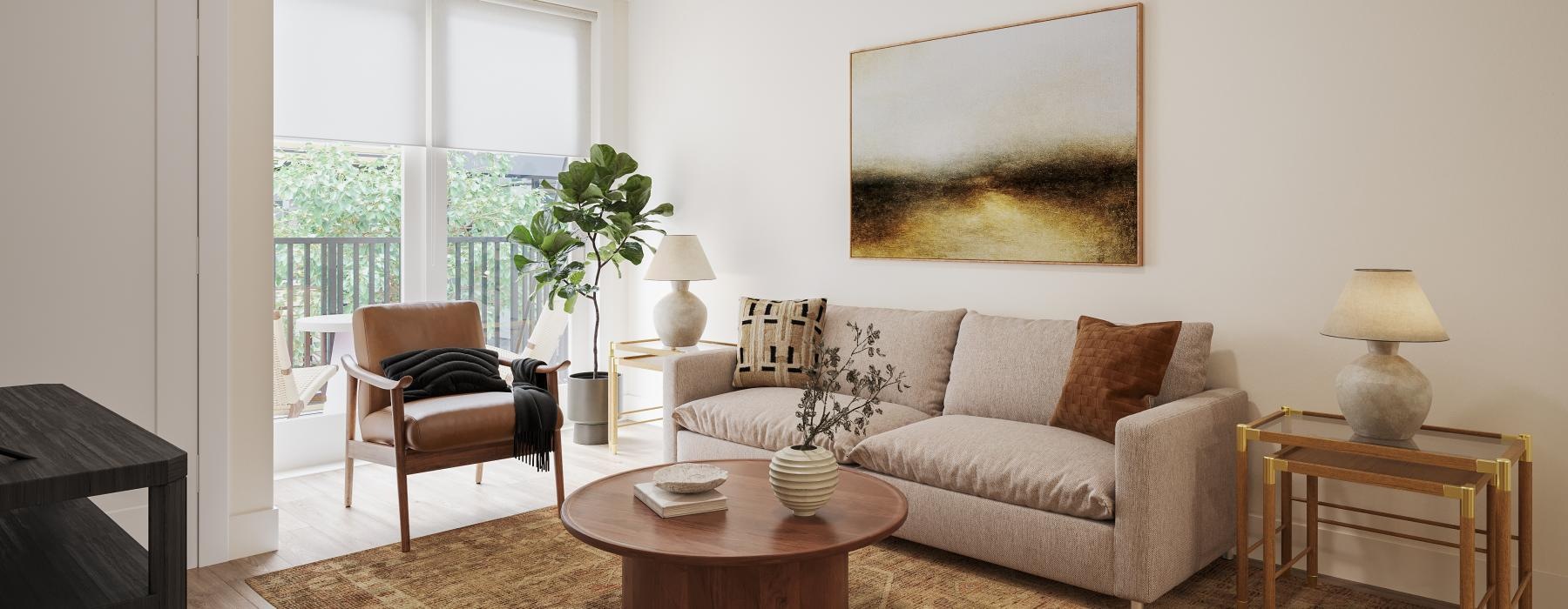 a living room with a couch and coffee table