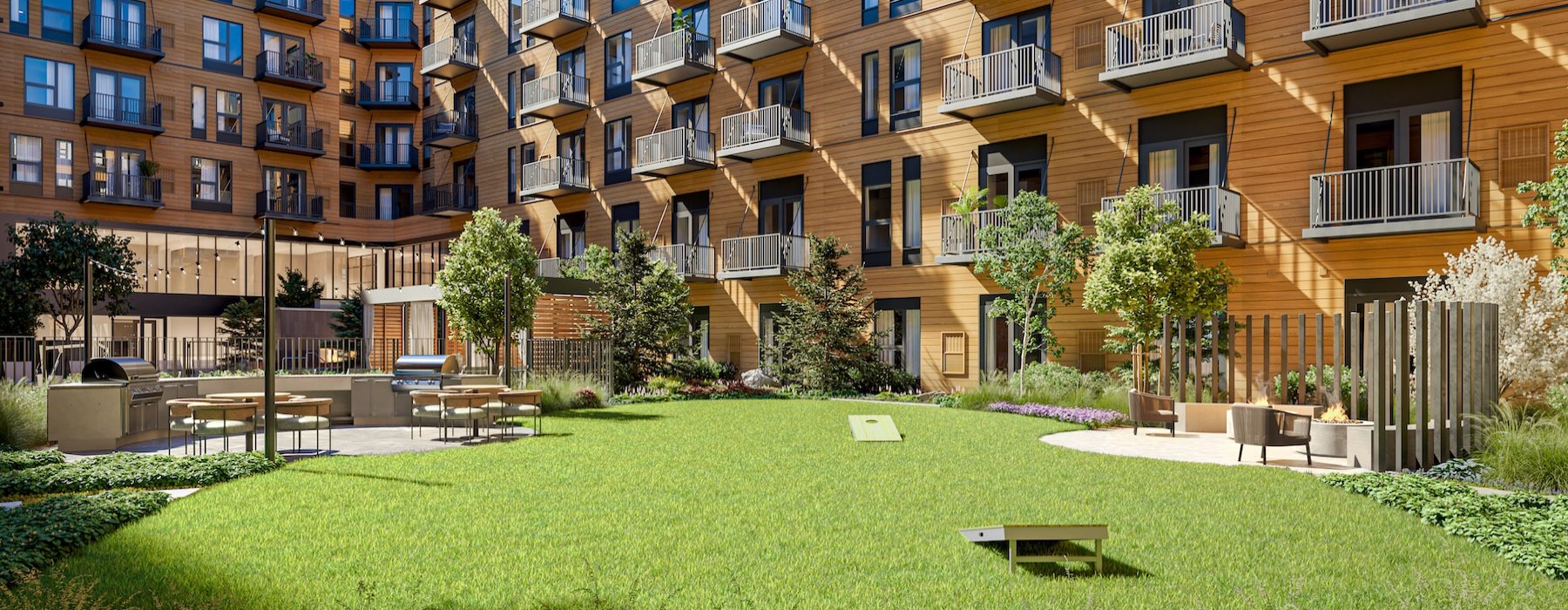a courtyard with cornhole