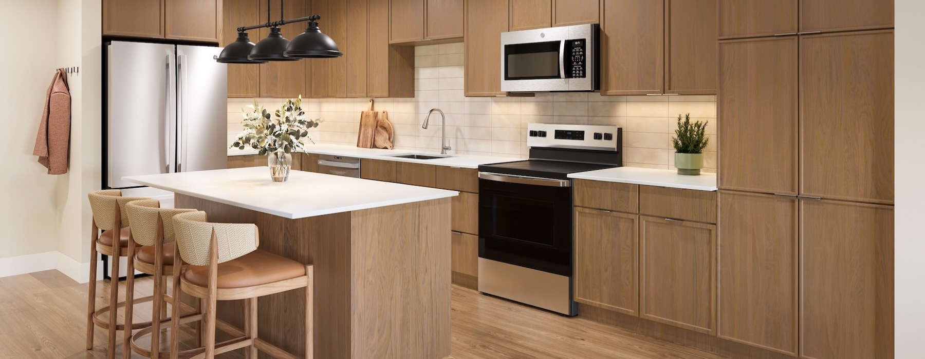 a kitchen with wooden cabinets