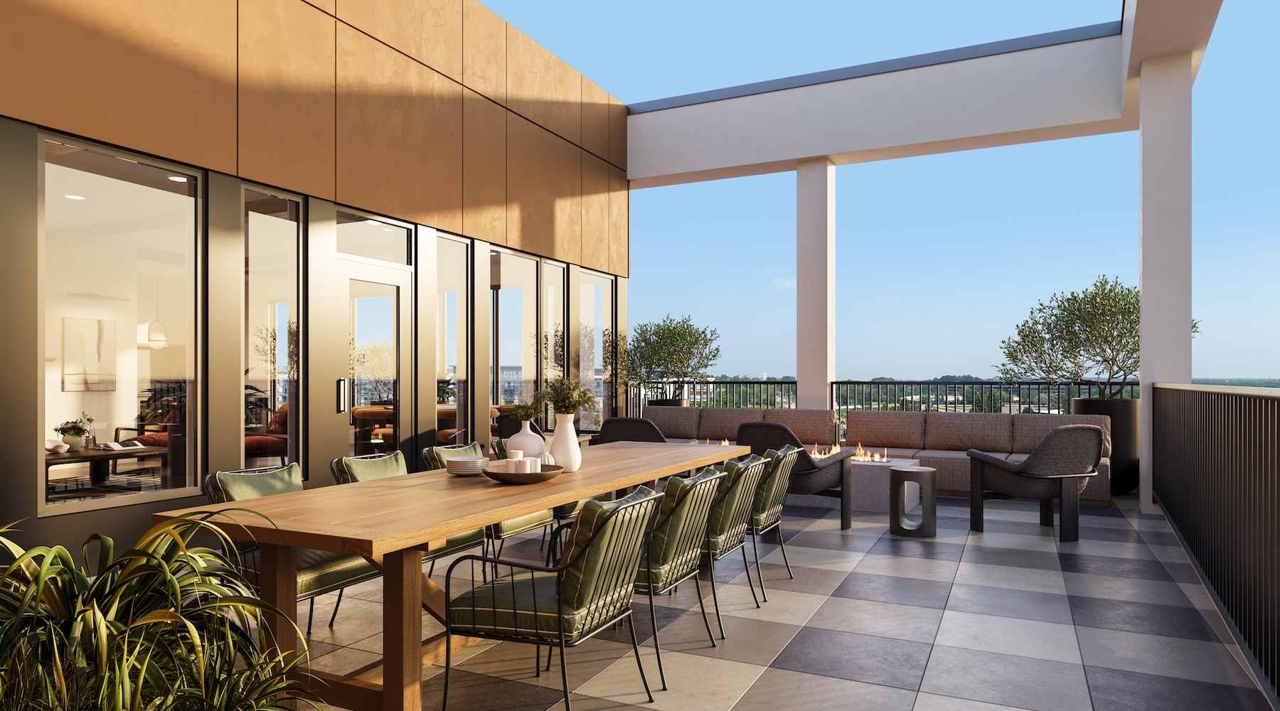 a patio with tables and chairs